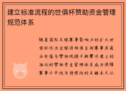 建立标准流程的世俱杯赞助资金管理规范体系